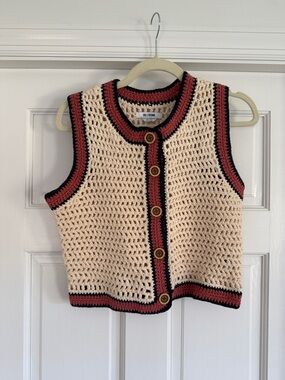 Re/Done Cream Crocheted Vest with Rust and Black Trim